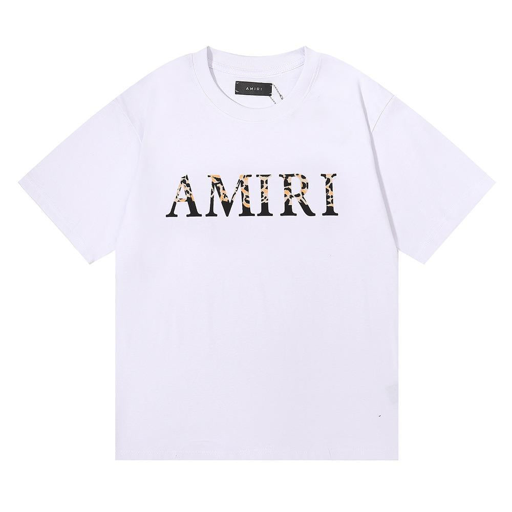 AMIRI Leopard Print Design Double Yarn Loose Teen Couple Men and Women with The Same Crew Neck Casual Short-sleeved T-shirt Bottoming Shirt