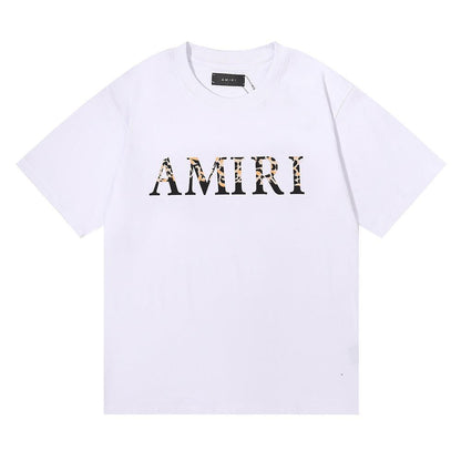 AMIRI Leopard Print Design Double Yarn Loose Teen Couple Men and Women with The Same Crew Neck Casual Short-sleeved T-shirt Bottoming Shirt