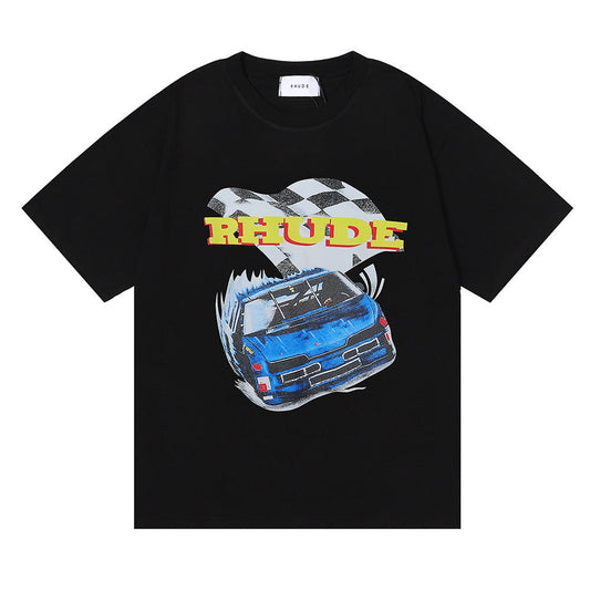 American Trendy Brand RHUDE Racing Car Design Commemorative Short-sleeved Double-yarn Pure Cotton Short-sleeved Men and Women Couple T-shirt