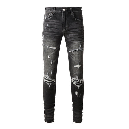 High Street Ripped Jeans Mens Patchwork Patches Star Stretch Slim Fit Pencil Pants