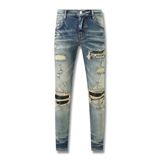 Mens Skinny Straight Slim Jeans Non Elastic Ripped Denim with Knee Tears, Summer 2023