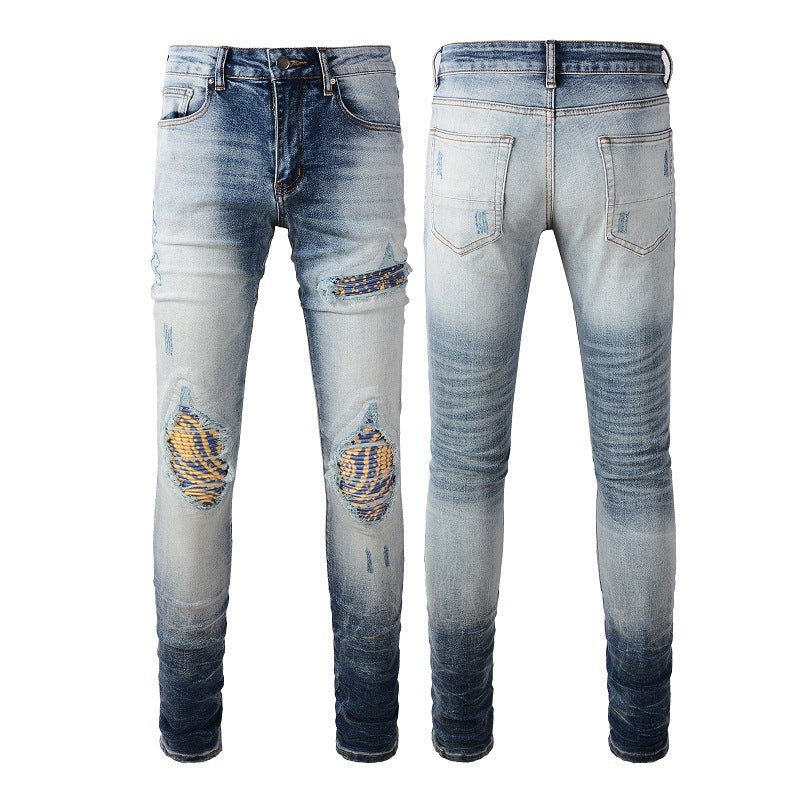 Nouveaux jeans rétro pour hommes avec patch déchiré et coupe slim #1330 