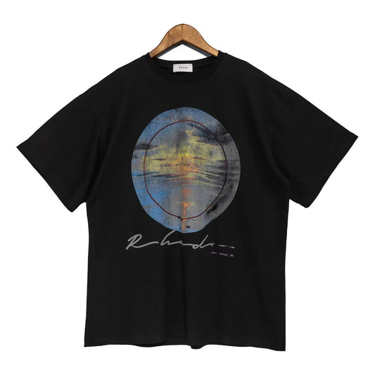 RHUDE Sunset Vintage Printed High Street Short-sleeved High Street Loose Round Neck Versatile Vintage Men's and Women's Short-sleeved T-shirt