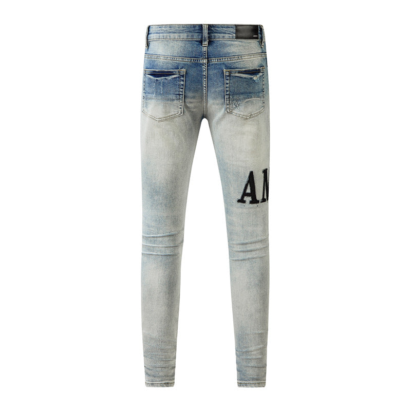 Jeans Homme Jean 2023 Demin High Amiirii Street Distressed Wash Patches Patched Letters Noir 