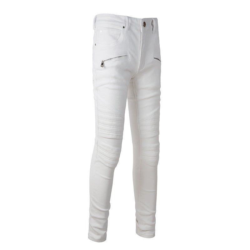 Jeans moto High Street pour hommes, pantalon épissé blanc pour hommes #1100 