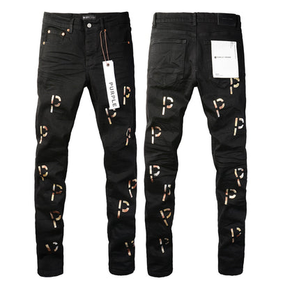 New Black Letter Printing Vintage Ripped Jeans 9008