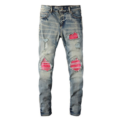 6806 High Street Ripped Patch Jeans Vintage Jeans ajustados elásticos para hombre High Street 