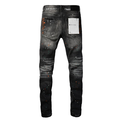 Mens New Black Grey Jeans Urban Style with Unique Ripped Patches