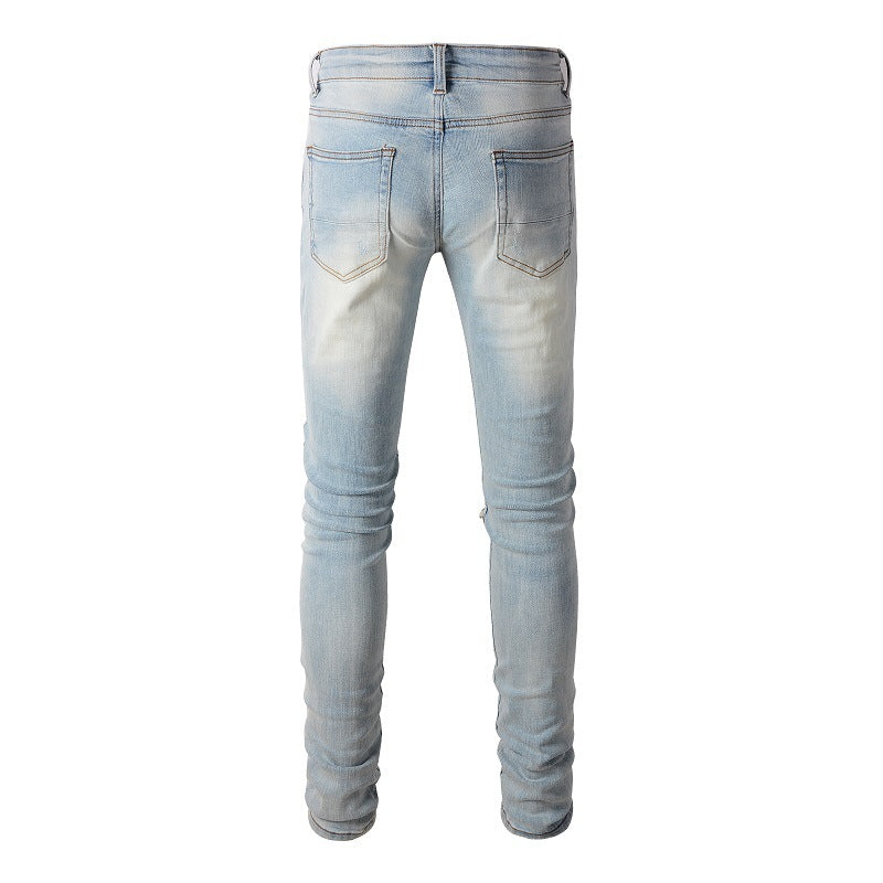 6637 High Street Hole Changement progressif de couleur Patch Jeans Rétro Hommes Élastique Slim High Street Jeans 