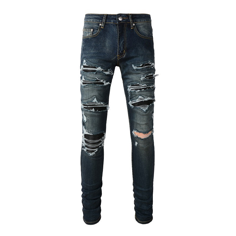 1320 High Street Jeans, Ripped Patch Leather Slim fit Jeans