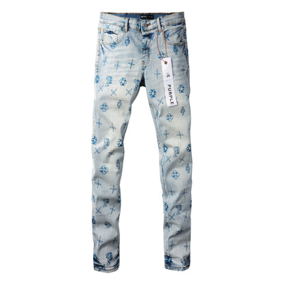 Pantalon en denim bleu 9063 avec détails d'impression uniques pour un look avant-gardiste 