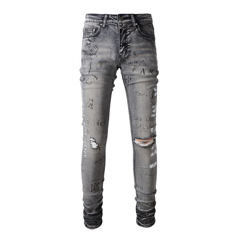 Street Denim Ripped Micro elastic Cotton Youth Gray Paint splashed Slim Jeans #879