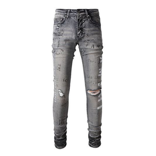 Jean slim en coton micro-élastique déchiré Street Denim pour jeunes, gris, avec éclaboussures de peinture #879 