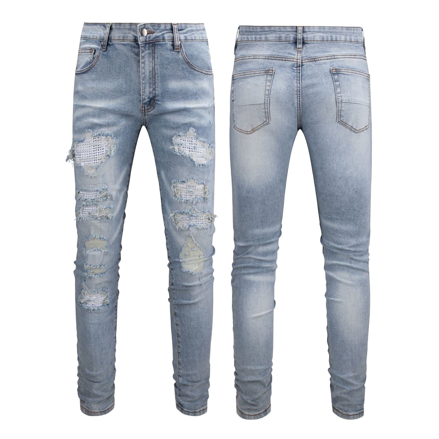 Jean slim blanc pour homme avec patchs en strass et design vieilli 