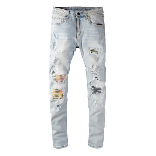 Jean déchiré avec patchs, couleur diamant, tie-dye, élastique, slim, High Street, 637 