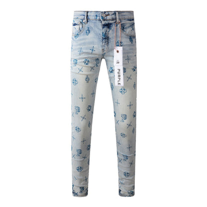 Pantalón vaquero azul 9063 con detalles de estampado únicos para un look vanguardista 