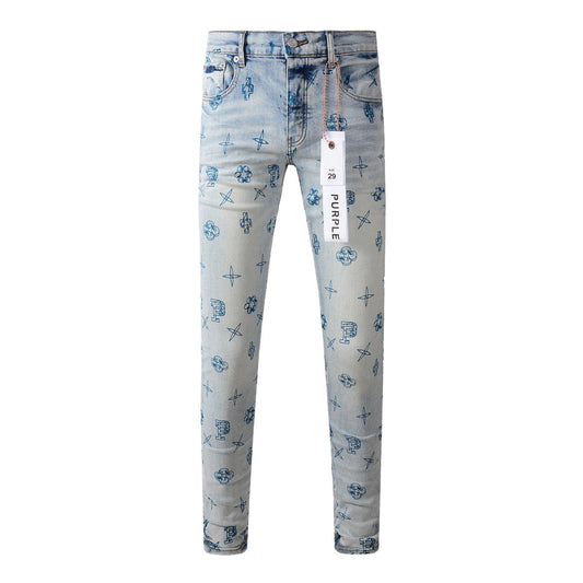 Pantalon en denim bleu 9063 avec détails d'impression uniques pour un look avant-gardiste 