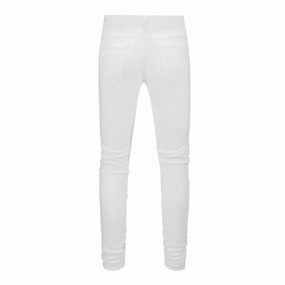 Men's Tight Fit White Jeans with Rhinestone and Patchwork for Street Style