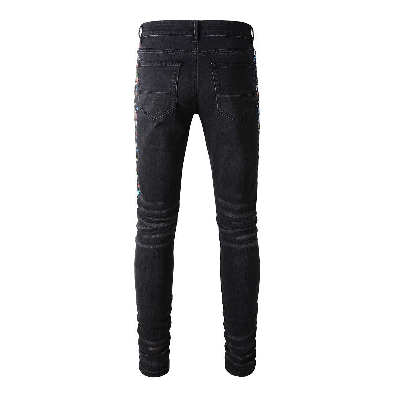 Pantalon décontracté en denim de rue en coton micro élastique pour jeunes, jean skinny noir avec éclaboussures de peinture #865