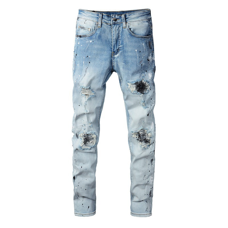 820 Jean en coton micro-élastique bleu clair pour jeunes avec patch déchiré et peinture 