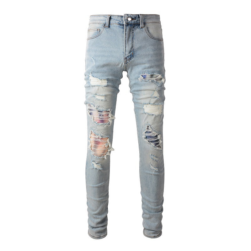 6637 High Street Hole Changement progressif de couleur Patch Jeans Rétro Hommes Élastique Slim High Street Jeans 