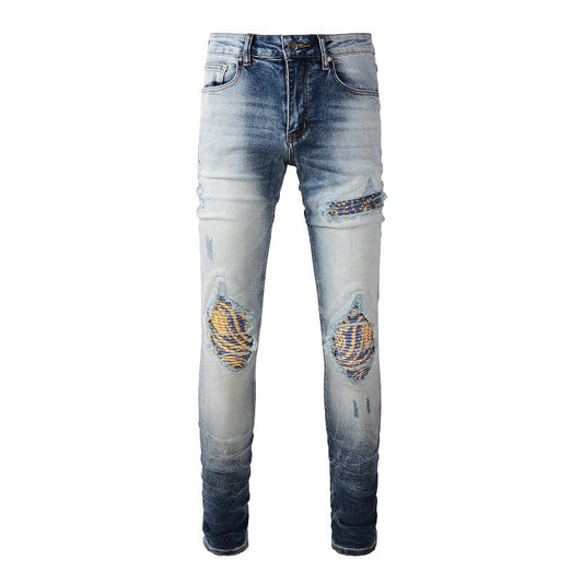 Nouveaux jeans rétro pour hommes avec patch déchiré et coupe slim #1330 