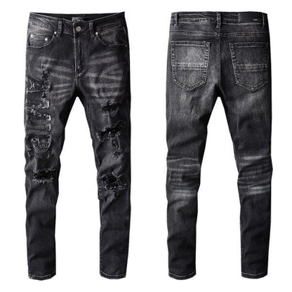 Jean slim noir pour homme avec détails extensibles et patchwork confortables 