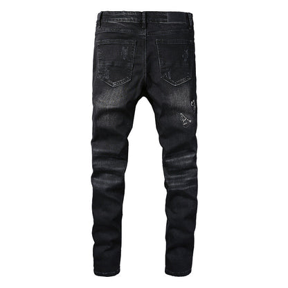 829 Street Ripped Patch Jeans Pantalon slim à épissure pour hommes High Street 