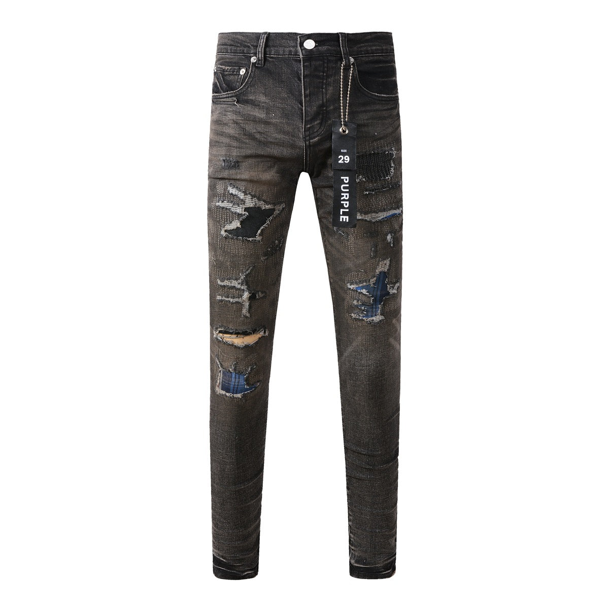 Pantalon en denim noir chic et vieilli 9080 combinant déchirures et patchs pour un style moderne 