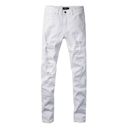 Pantalones pitillo con parches y agujeros rasgados de estilo pop para hombre, vaqueros blancos 625