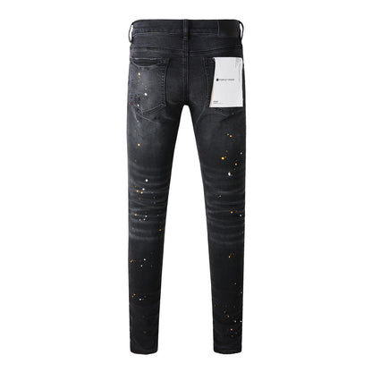 Jean pour homme en denim noir vieilli avec fente au genou et trou déchiré 9045 