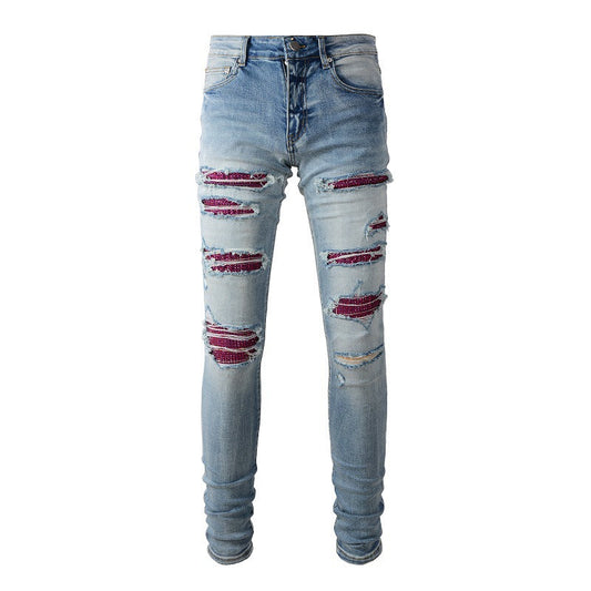 1308 High Street Jeans, perforaciones en caliente, jeans rotos, ajustados y finos 