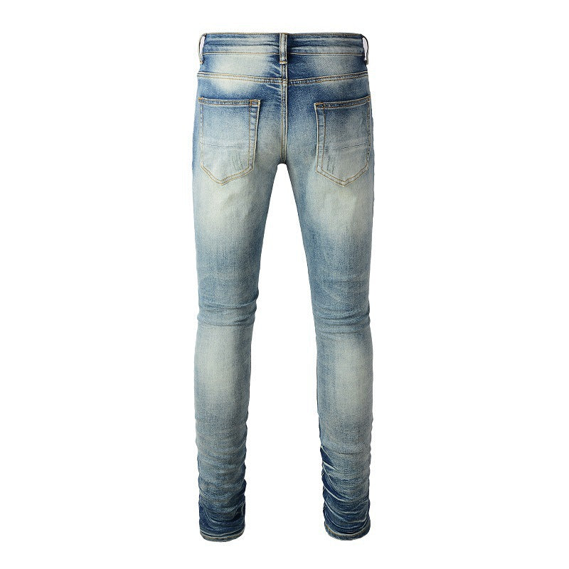 Men's Blue Jeans with White Patches and Ripped Stretch Design