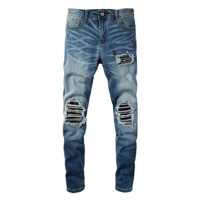 6520 Jeans Retro Plissé Déchiré Patch Jeans Slim Homme 