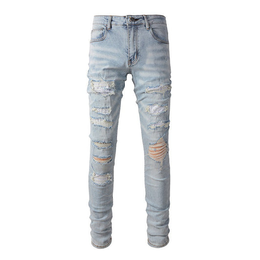 Jeans Retro Jeans Diamants Incrustés Jeans Homme Élastique et Slim #6808 