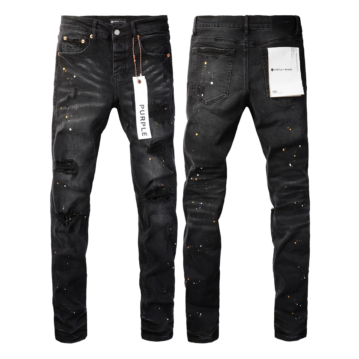 Mens Jeans Distressed Black Denim with Knee Slit and Ripped Hole 9045