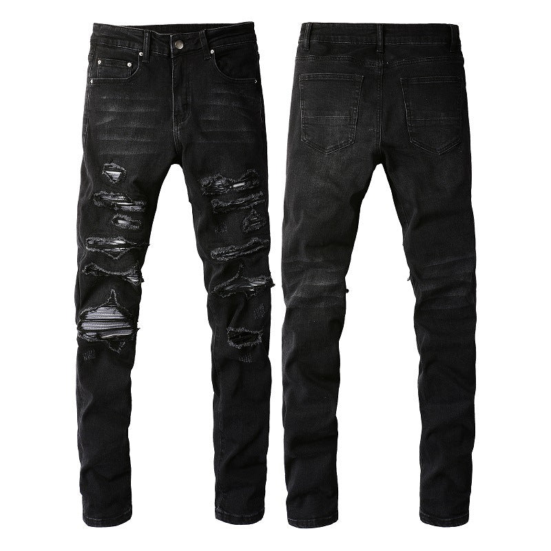 Jean slim stretch délavé noir avec détails en similicuir polyvalents 