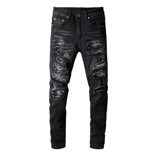 Jean noir moulant pour homme avec patchs cachemire et détails vieillis 