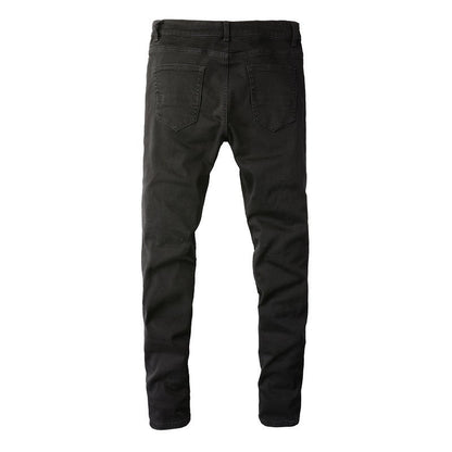 Jean slim noir pour homme avec détails froissés, patchs et design déchiré 