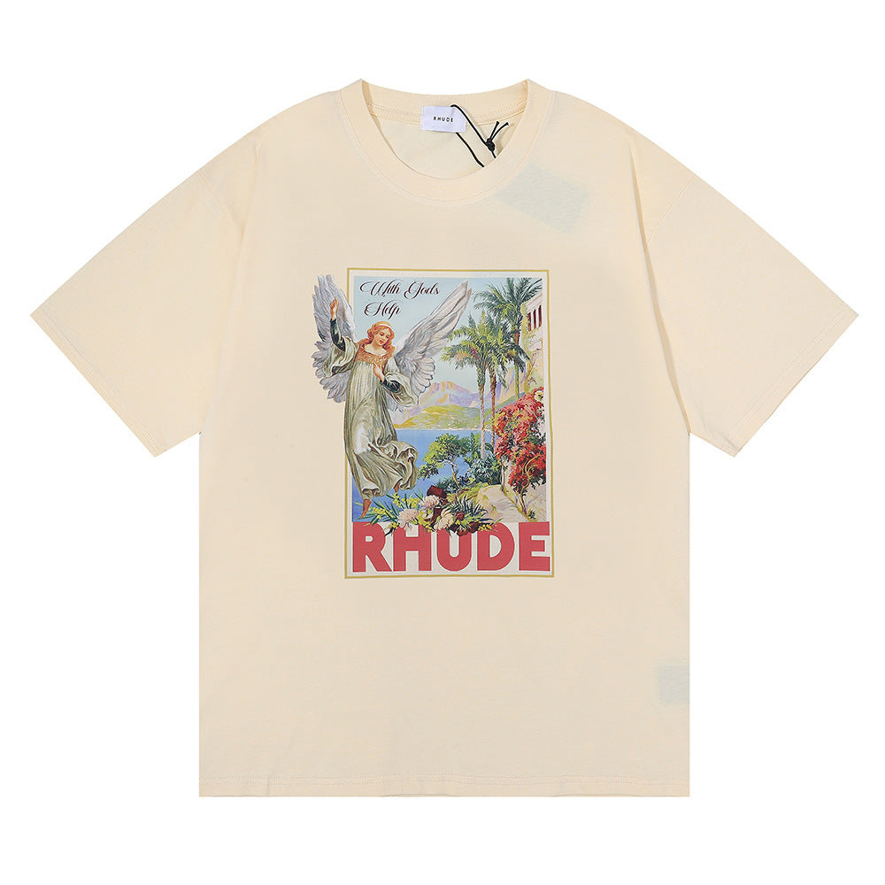 Cross-border Supply Summer Tide Brand Los Angeles Rhude High Definition Printing Pattern Design Men and Women Couple Wear Short-sleeved T-shirt