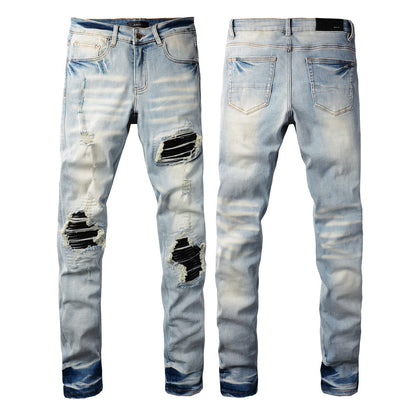 Pantalones vaqueros desgastados elásticos ajustados estilo punk para hombre con parches rotos en las rodillas, pantalones azules 