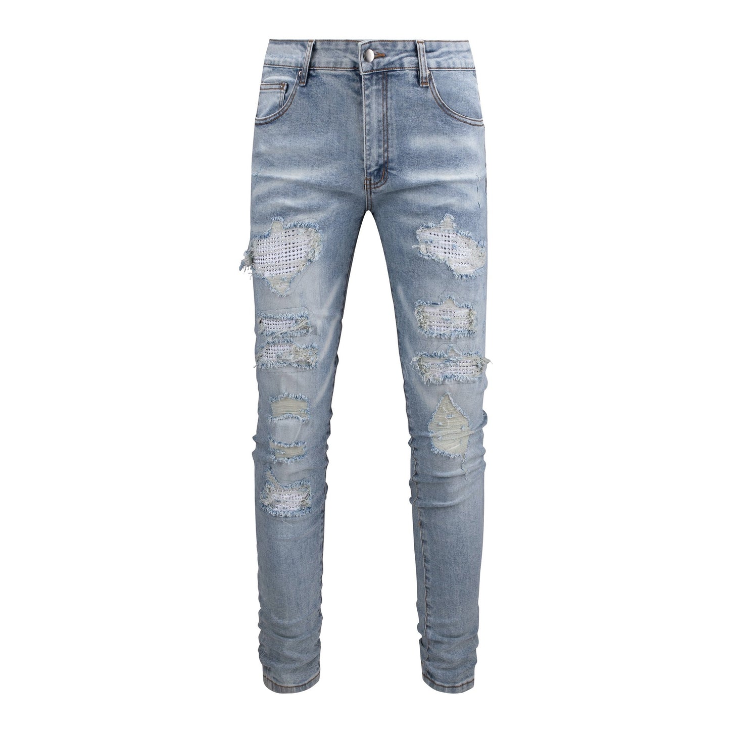 Jean slim blanc pour homme avec patchs en strass et design vieilli 