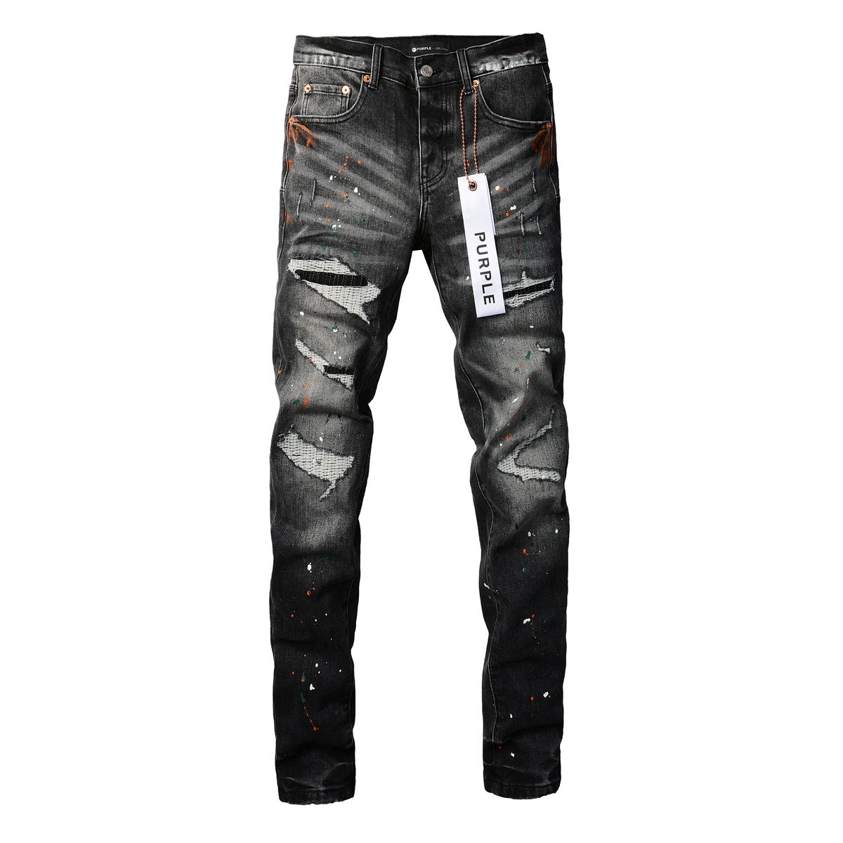 Mens New Black Grey Jeans Urban Style with Unique Ripped Patches