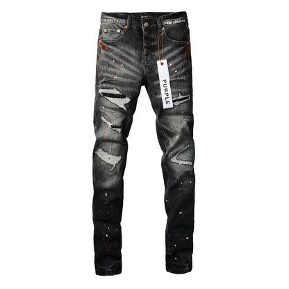 Mens New Black Grey Jeans - Urban Style with Unique Ripped Patches 9018