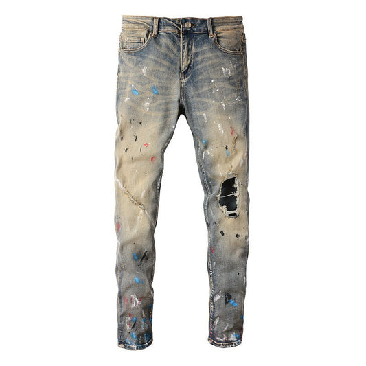 6556 High Street Ripped Patch Jeans Vintage Homme Élastique Slim High Street Denim 