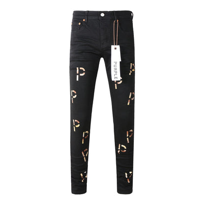 New Black Letter Printing Vintage Ripped Jeans 9008