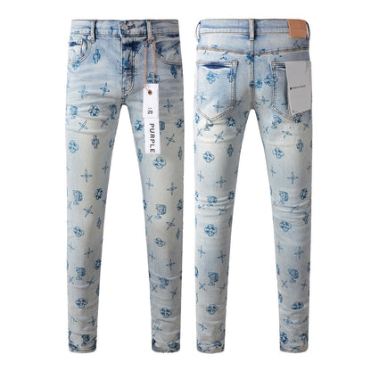 Pantalon en denim bleu 9063 avec détails d'impression uniques pour un look avant-gardiste 