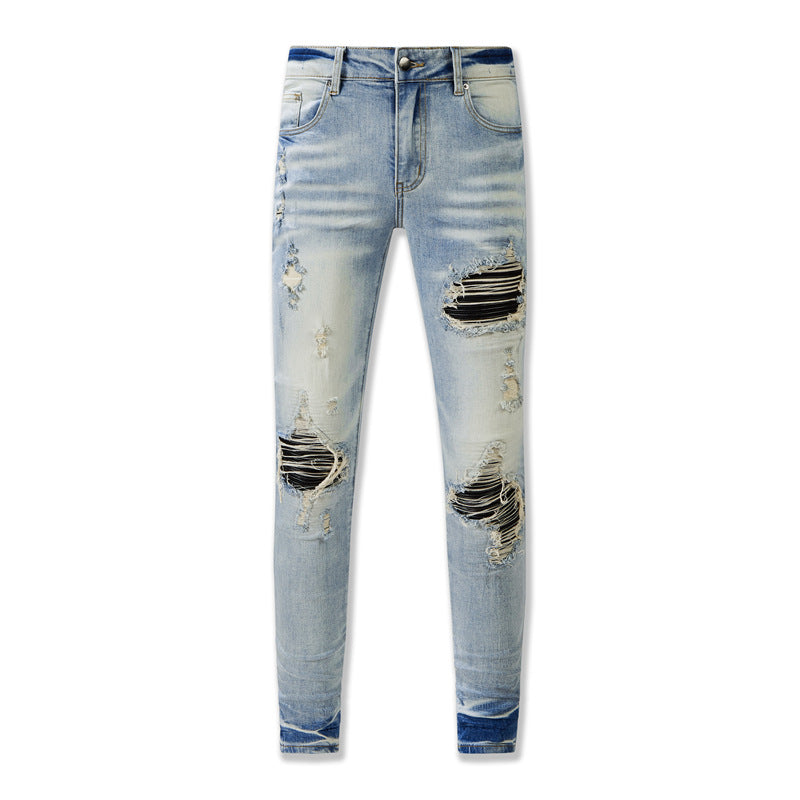 Retro Style Washed Jeans 8807 Featuring a Distressed Look and Bold Rips