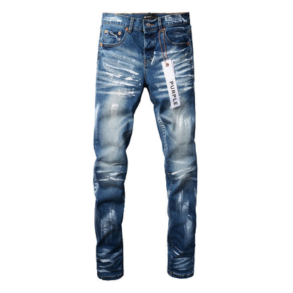 Pantalones vaqueros para hombre, pantalones vaqueros para hombre, pantalones vaqueros negros ajustados de diseñador, lavado claro, rotos, para motocicleta 9062 