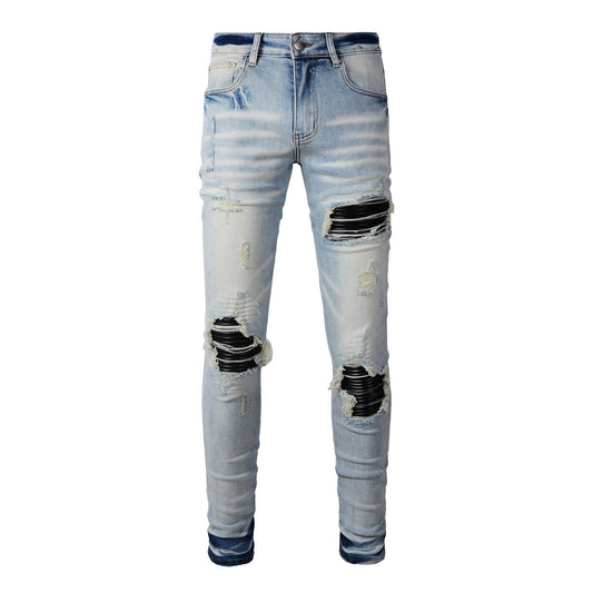 Mens Punk Slim Stretch Distressed Jeans With Ripped Knee Patch Blue Pants